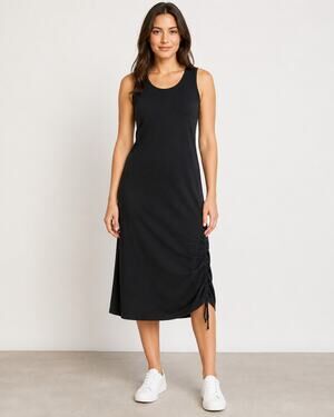 Lululemon Cinch It Dress Black Size 10 Pima Cotton Ruched Side Midi
